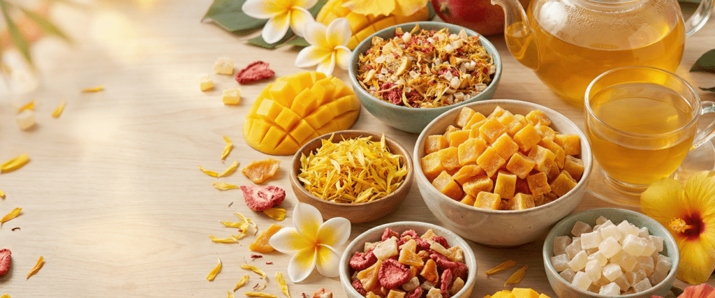 CozySlip Mango Companion fruit tea banner featuring dried mango cubes, hibiscus flowers, rock sugar, and brewed tea in glassware on a warm wooden surface with tropical flowers.