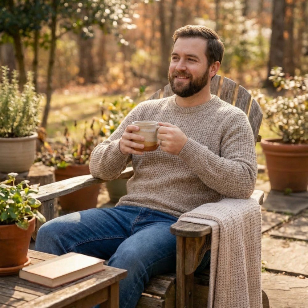 A man enjoying a cup of CozySlip Ginseng Ginger Goji tea outdoors in a sunny garden, reflecting the tea's ability to provide natural energy and wellness on the go.