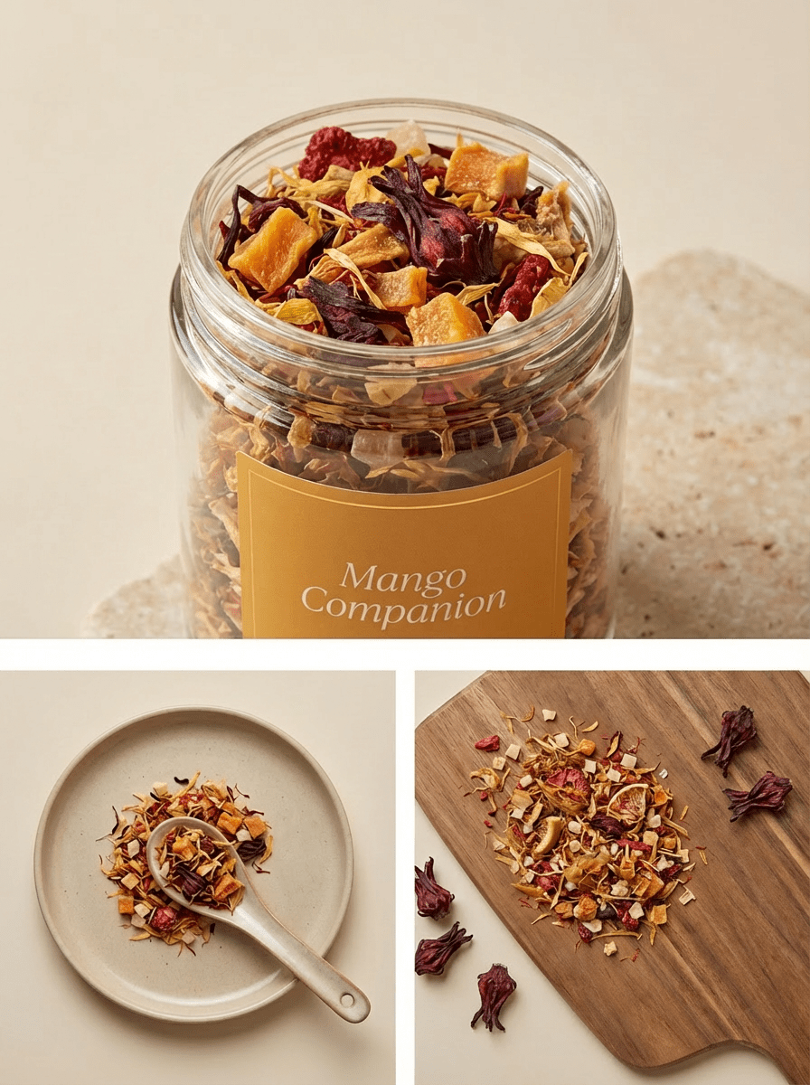 CozySlip Mango Companion fruit tea blend in a glass jar, with close-ups of dried mango chunks, hibiscus flowers, and herbal pieces on a plate and wooden board — showcasing natural ingredients and cozy lifestyle appeal.