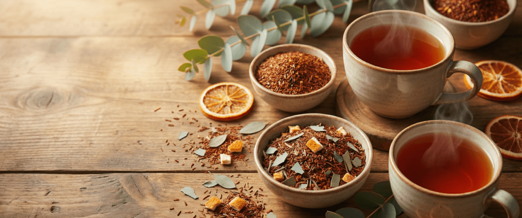 CozySlip Eucalyptus Rooibos tea banner with steaming ceramic mugs, rooibos leaves, eucalyptus sprigs, and dried orange slices on rustic wood — conveying warmth and calm.