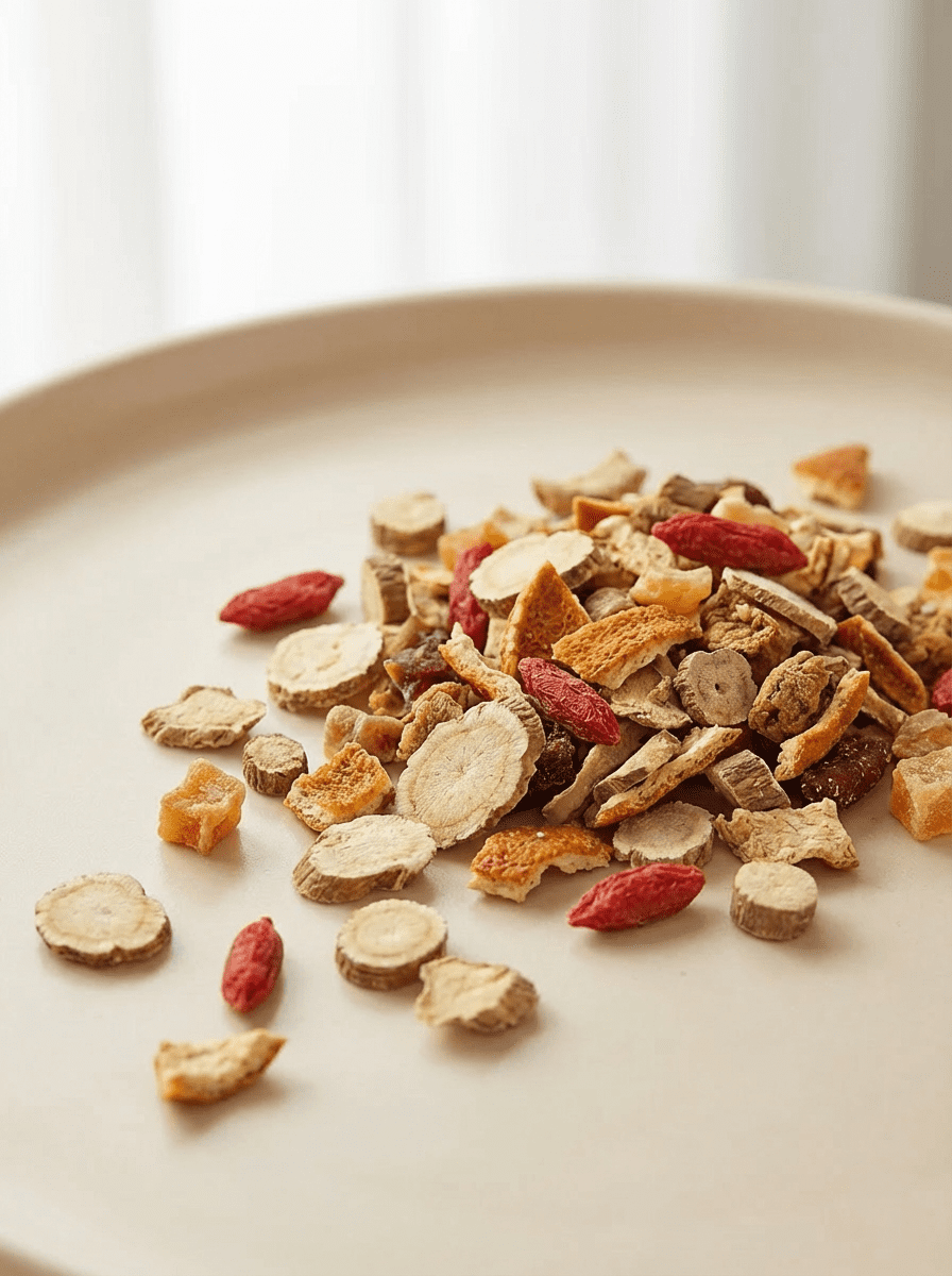 CozySlip Ginseng Ginger Goji wellness tea dry blend on a beige plate, featuring sliced ginseng roots, red goji berries, and dried ginger pieces.