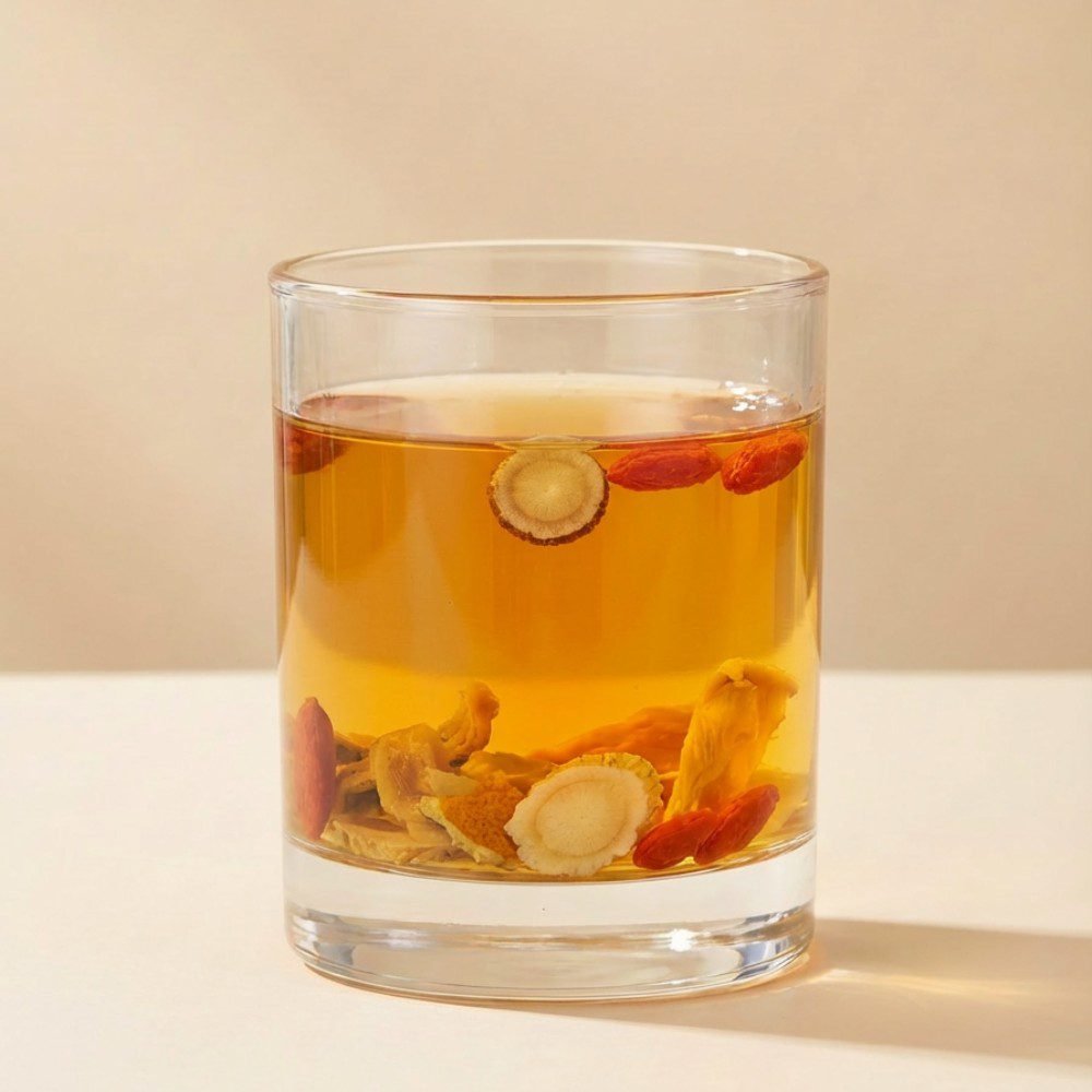A glass cup of CozySlip Ginseng Ginger Goji tea, capturing the vibrant amber color and visible ingredients like ginseng slices and goji berries suspended in the hot water.