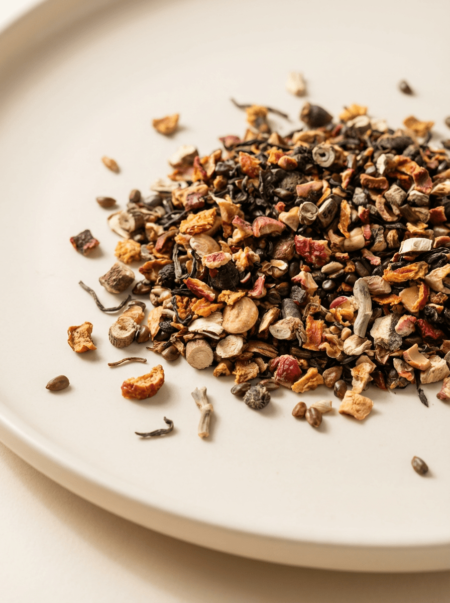 CozySlip Han Palace Swallow digestive tea dry blend on a white plate, featuring mixed herbs, seeds, dried fruits, and botanical ingredients for digestive wellness.