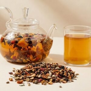 CozySlip Han Palace Swallow tea brewing in a glass teapot next to a cup and a pile of loose leaf blend, illustrating the traditional preparation of this weight-management herbal tea.
