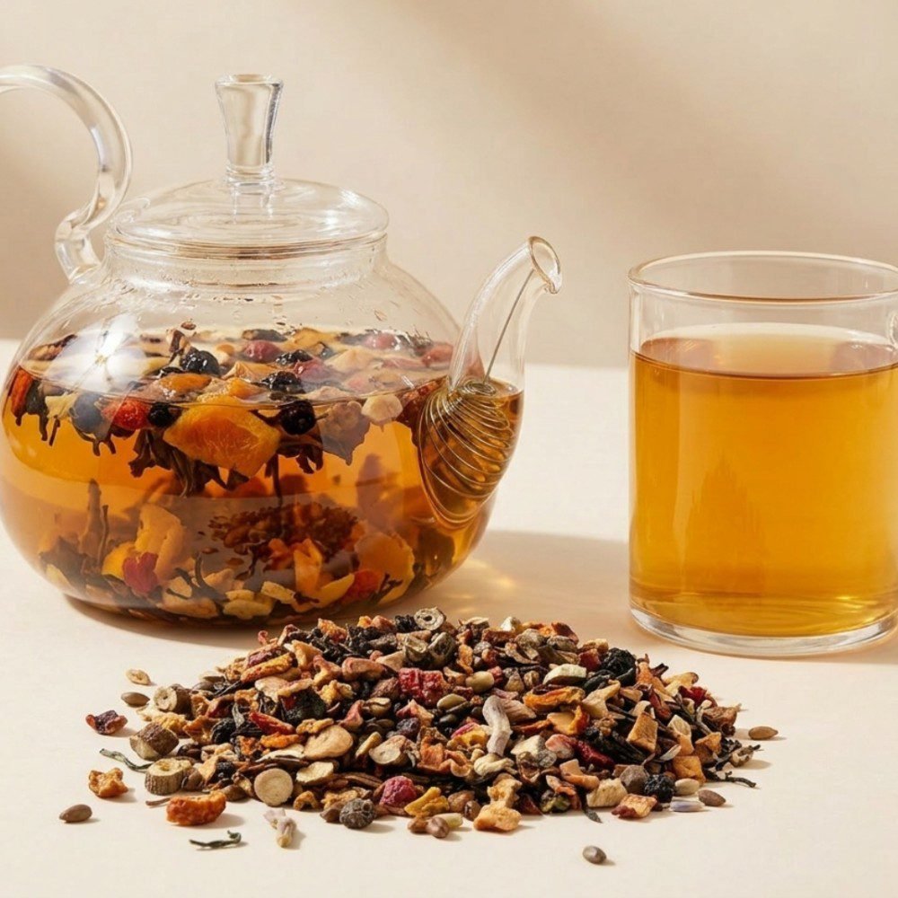 CozySlip Han Palace Swallow tea brewing in a glass teapot next to a cup and a pile of loose leaf blend, illustrating the traditional preparation of this weight-management herbal tea.