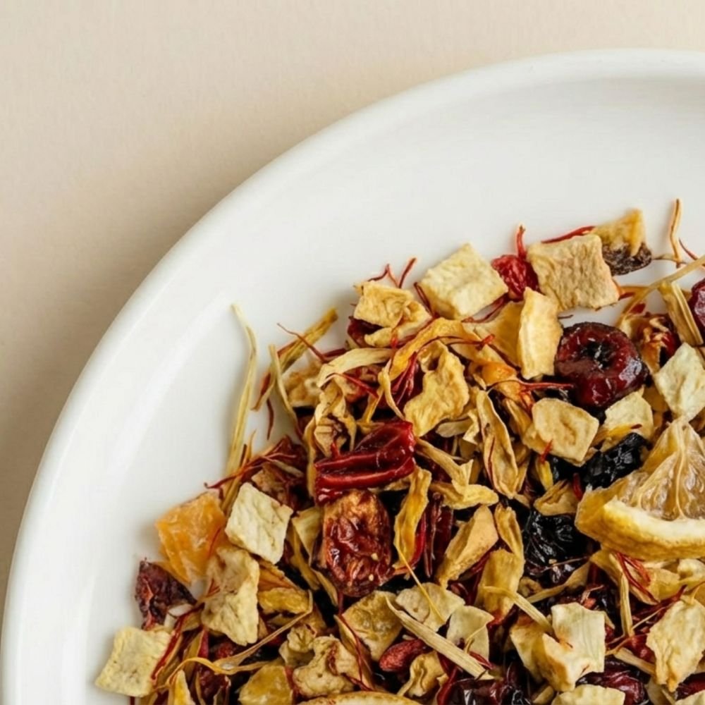 Close-up of CozySlip Mango Companion fruit tea blend on a white plate, featuring dried mango cubes, red berry pieces, and yellow flower petals, highlighting the natural and chunky texture of the loose leaf tea.