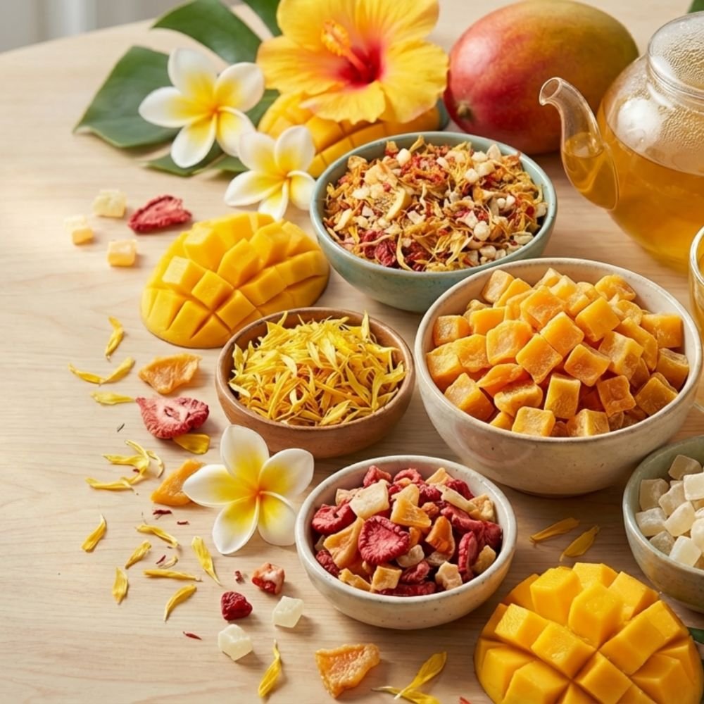 Flat lay of CozySlip Mango Companion ingredients, including fresh mango slices, dried fruit bowls, and tropical flowers, emphasizing the natural inspiration behind the tea blend.