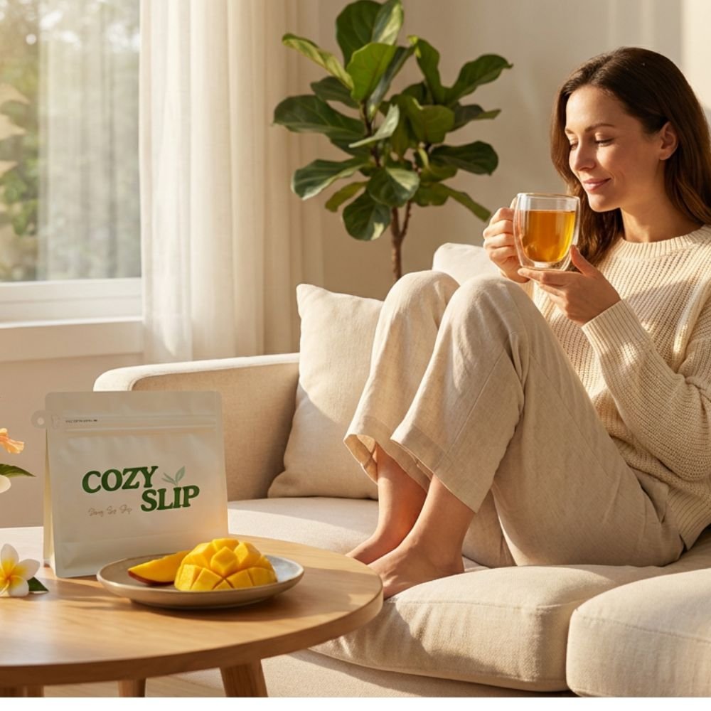 A woman relaxing on a sofa in natural light, enjoying a cup of CozySlip Mango Companion tea, with the product pouch and fresh mango slices on the table, representing a cozy and healthy lifestyle.
