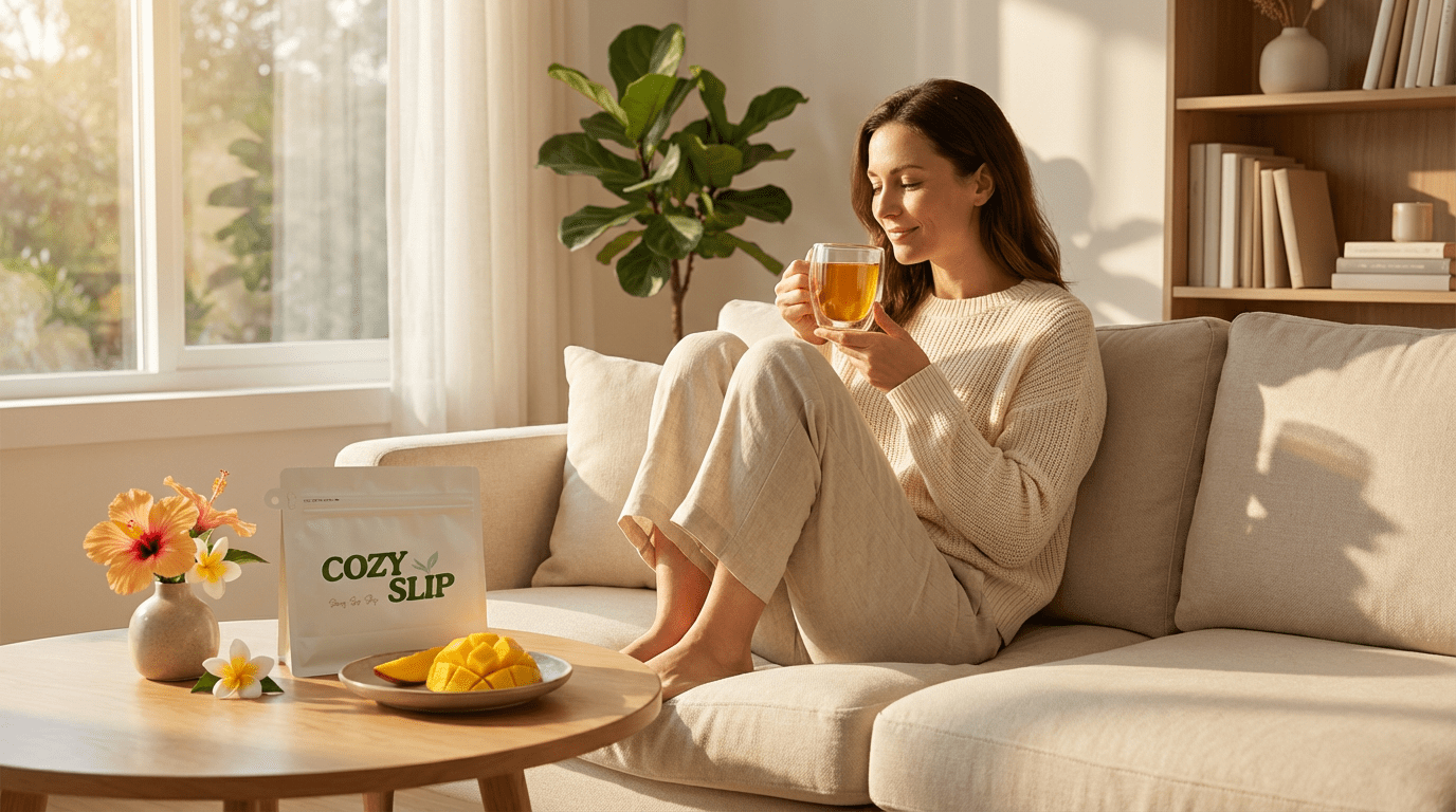 Woman relaxing on a beige sofa drinking CozySlip Mango Companion fruit tea, with product packaging and fresh mango slices on the coffee table in a sunny living room.