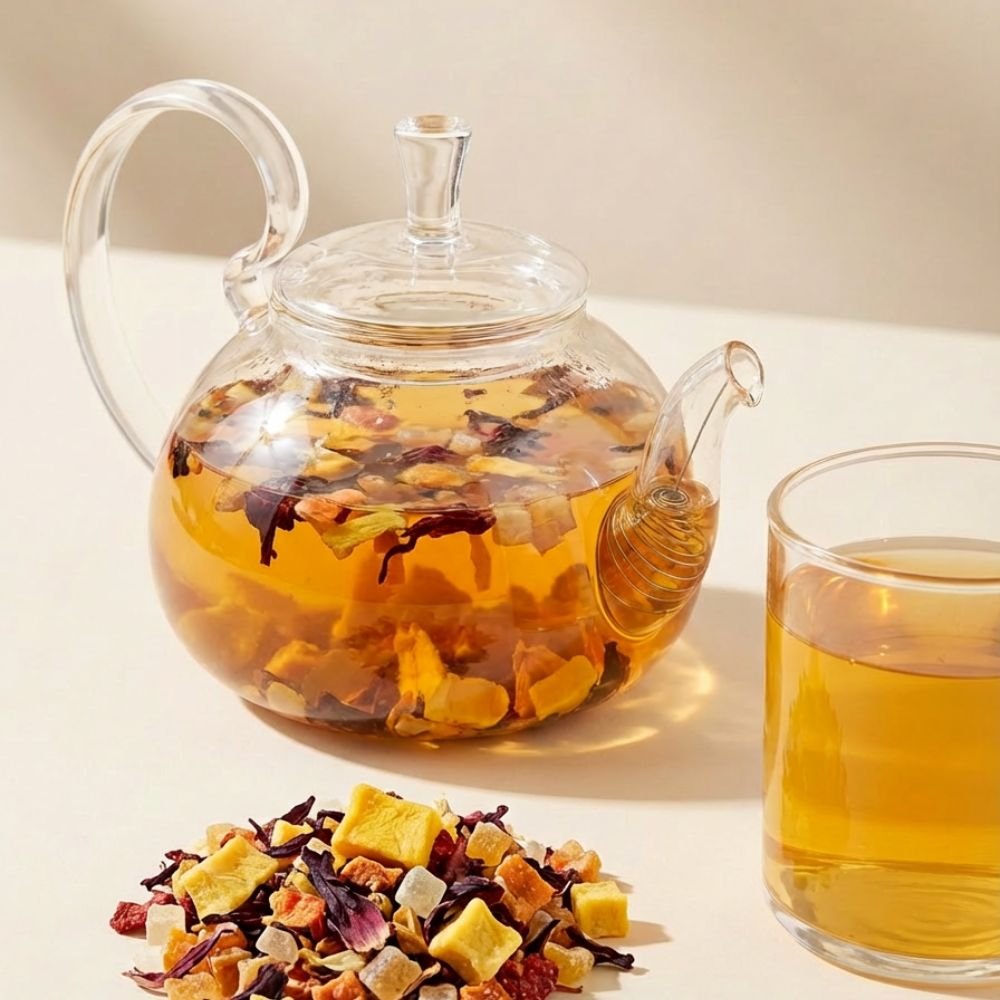 A glass teapot filled with steeping CozySlip Mango Companion tea next to a filled cup and a pile of dry fruit tea blend, illustrating the brewing process and vibrant color.