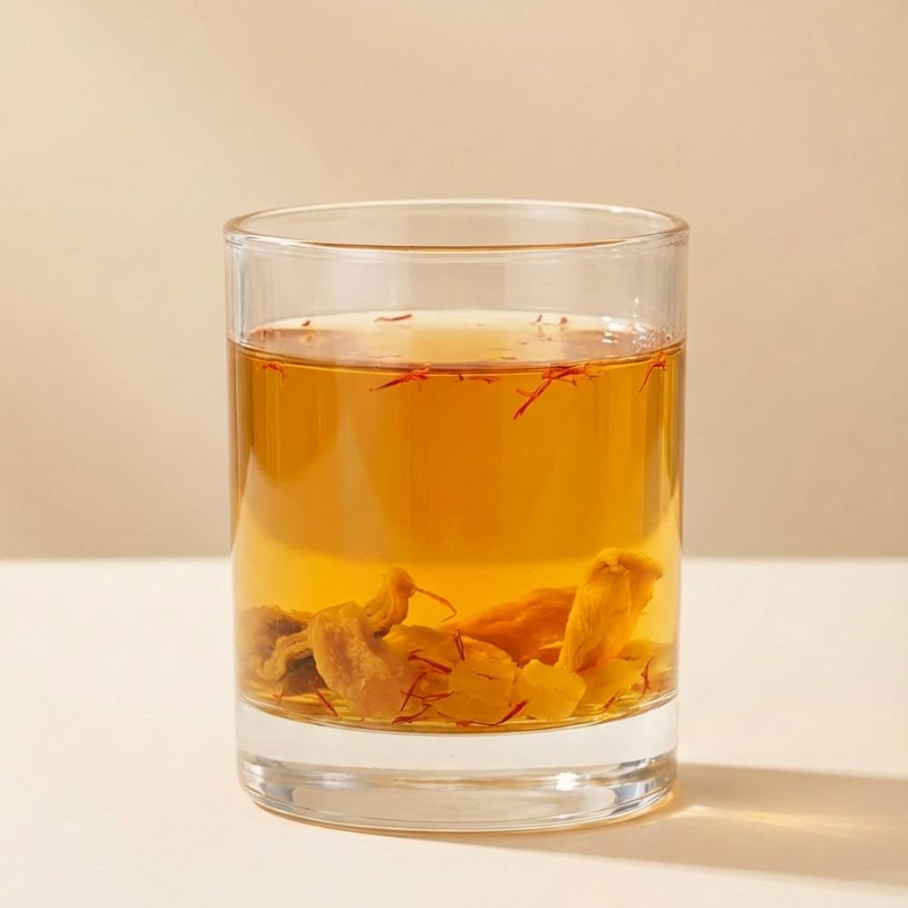 A glass of brewed CozySlip Mango Companion tea, displaying a bright golden-yellow liquor with rehydrated fruit pieces and saffron-like strands floating at the bottom.