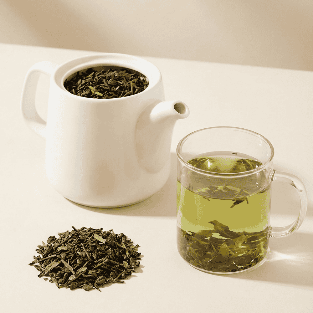 A flat lay composition of CozySlip Mint Green Tea, featuring a pile of loose dried tea leaves, a white ceramic teapot filled with dry leaves, and a clear glass mug with steeped green tea leaves unfurling in light yellow-green liquid.