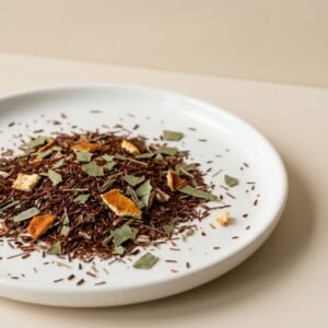 A high-quality close-up of CozySlip Orange Eucalyptus Rooibos loose leaf tea on a white plate, featuring a vibrant mix of reddish-brown rooibos needles, dried green eucalyptus leaves, and bright orange fruit pieces, showcasing a premium caffeine-free herbal blend.