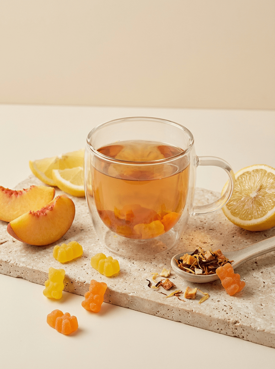 CozySlip Peach Lemon Gummy tea served in a double-wall glass mug with scattered gummy bears, dried fruit pieces on a spoon, and fresh lemon and peach beside — highlighting both chewing and brewing options.