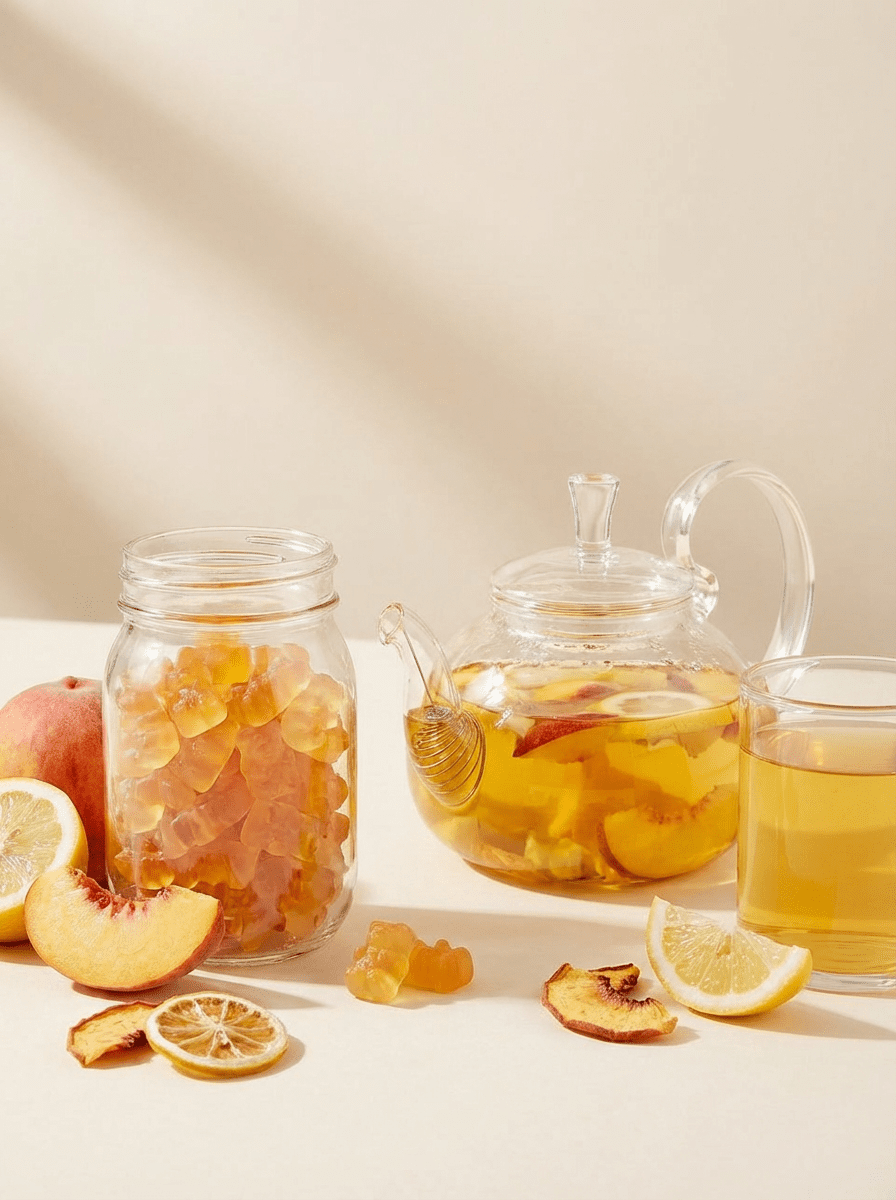 CozySlip Peach Lemon Gummy tea brewing in a glass teapot with rock sugar jar, fresh peach and lemon slices around — showing the brewable side of chew-or-brew gummies.