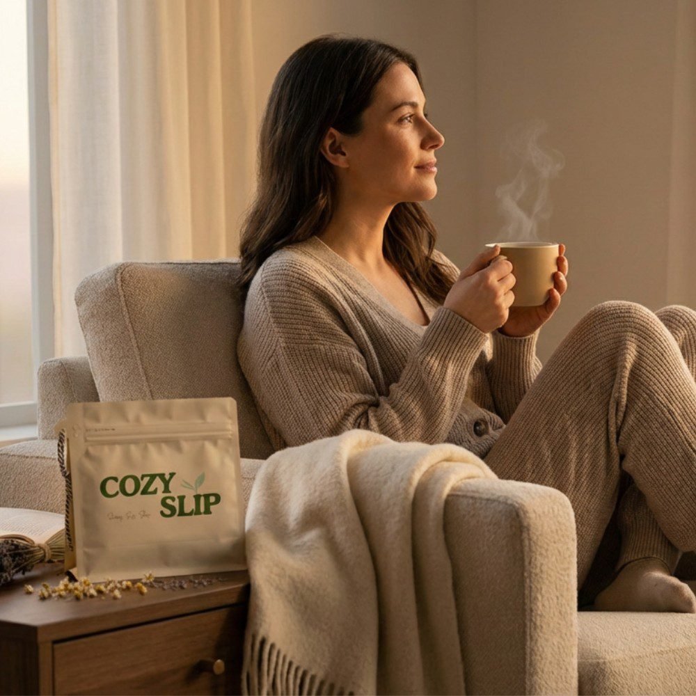 A woman relaxing on a sofa with a warm cup of CozySlip Ginseng Ginger Goji tea, with the product pouch visible on the side table, embodying a cozy and healthy lifestyle.