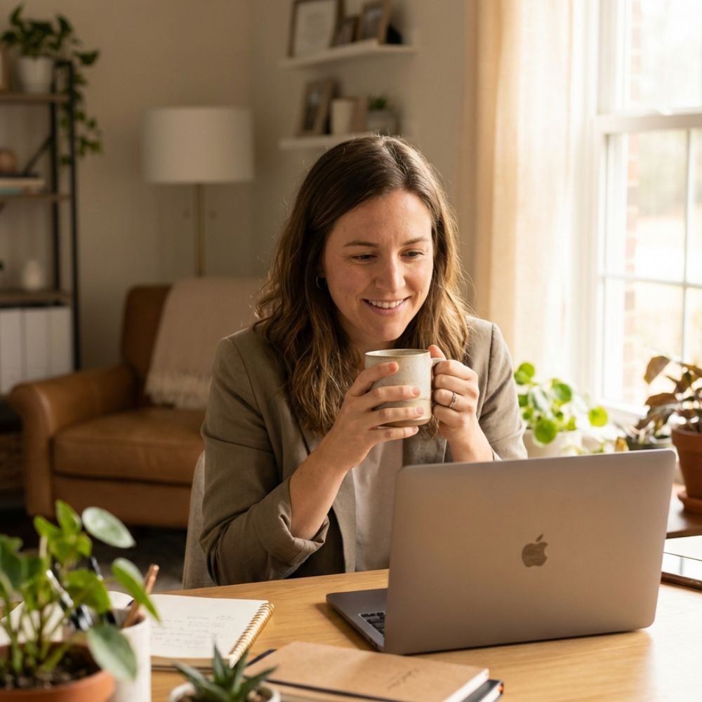 A professional woman smiling while working on a laptop and holding a mug of CozySlip Mint Green Tea, surrounded by plants in a bright home office, representing a focused and refreshing start to the workday.