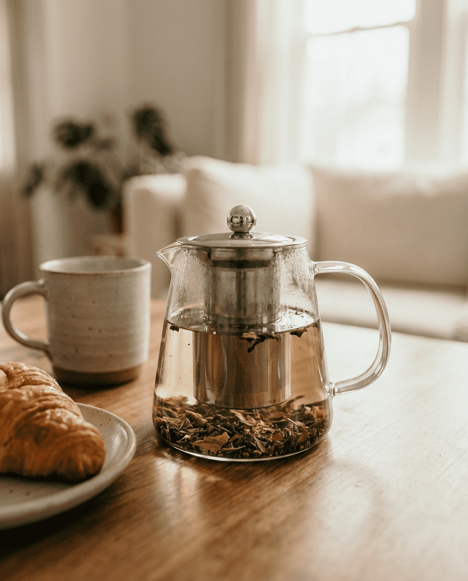 Glass teapot with steeping mint green tea beside ceramic mug and croissant on wooden table — real customer moment showcasing daily refreshment and emotional wellness ritual with CozySlip.