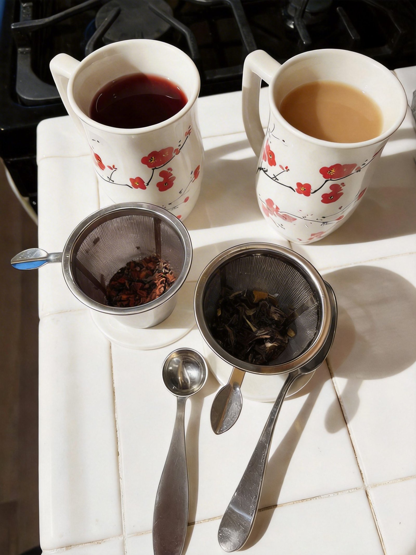 Two floral mugs of brewed CozySlip tea beside metal infusers with loose leaf remnants, sunlit kitchen counter — authentic customer moment showcasing daily ritual and product variety.
