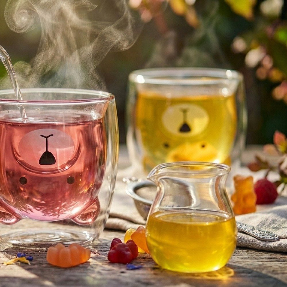 Steaming fruit tea served in a cute double-wall bear-shaped glass, accompanied by CozySlip peach lemon gummy bears, creating a cozy and playful afternoon tea moment.