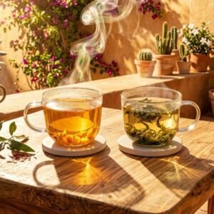 CozySlip Mint and Mango tea bundle set （focus ritual kit）on a wooden table in a sunny garden, featuring a cup of golden mango fruit tea and a cup of fresh green mint tea, representing a refreshing summer drink combination.