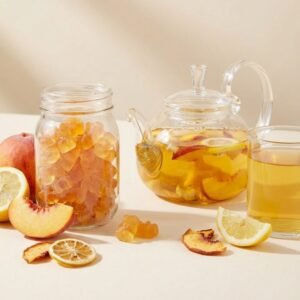 CozySlip peach lemon gummy bears in a glass jar next to fresh peach slices and lemon wedges, with a glass teapot brewing a golden fruit tea, showcasing a DIY healthy beverage.