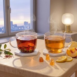 CozySlip Rooibos tea and Peach Lemon Gummy bundle on a table by a window at sunset, featuring a cup of deep red rooibos tea and a cup of fruit tea served with cute bear-shaped gummies and fresh fruit slices.