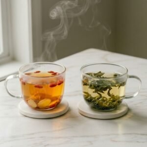 CozySlip Wellness Tea Bundle featuring a cup of Ginseng Goji tea and a cup of Mint Green Tea, displayed on a clean marble surface with loose ingredients, representing a complete daily health ritual.