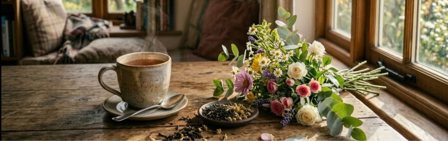 A serene and cozy scene for the CozySlip FAQ page, featuring a steaming cup of herbal tea on a rustic wooden table next to a beautiful bouquet of fresh flowers and loose tea leaves, symbolizing natural answers and comforting support.