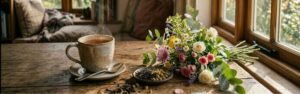 A serene and cozy scene for the CozySlip FAQ page, featuring a steaming cup of herbal tea on a rustic wooden table next to a beautiful bouquet of fresh flowers and loose tea leaves, symbolizing natural answers and comforting support.