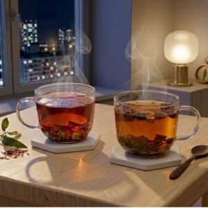 CozySlip Rooibos and Han Palace herbal tea bundle set against a city night view, showing two cups of steaming dark herbal infusions, ideal for evening relaxation and wellness rituals.
