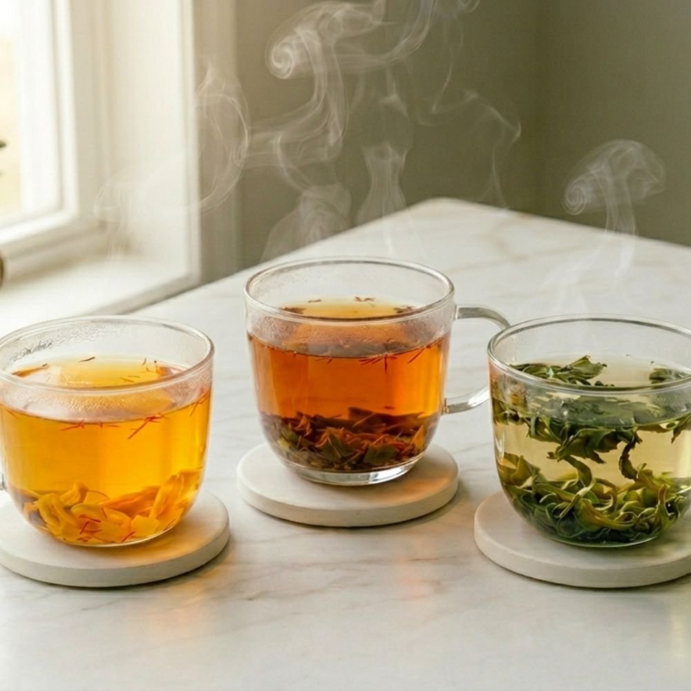 CozySlip daily ritual set three-cup tea bundle featuring Mint, Mango, and Rooibos varieties lined up on a white marble table, showcasing a spectrum of herbal tea colors from pale yellow to deep amber and fresh green.