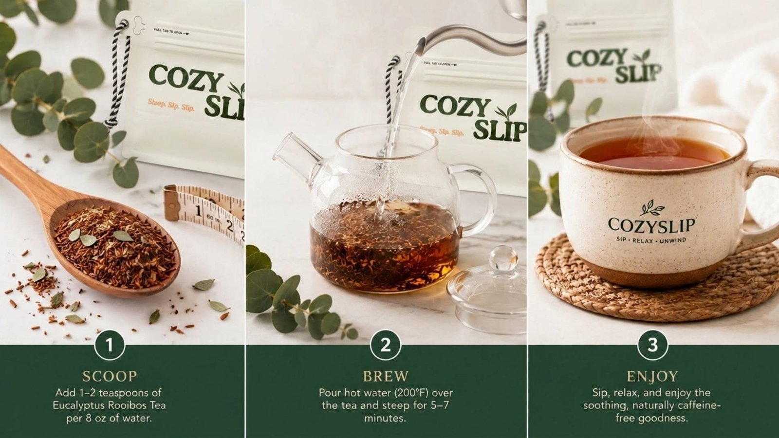 How to brew CozySlip Eucalyptus Rooibos loose leaf tea - step by step evening ritual guide