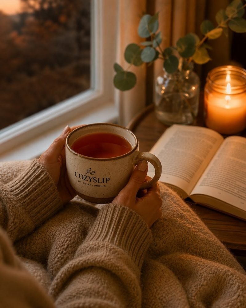 Person enjoying CozySlip Eucalyptus Rooibos tea in cozy evening setting with candle and book - calming bedtime routine