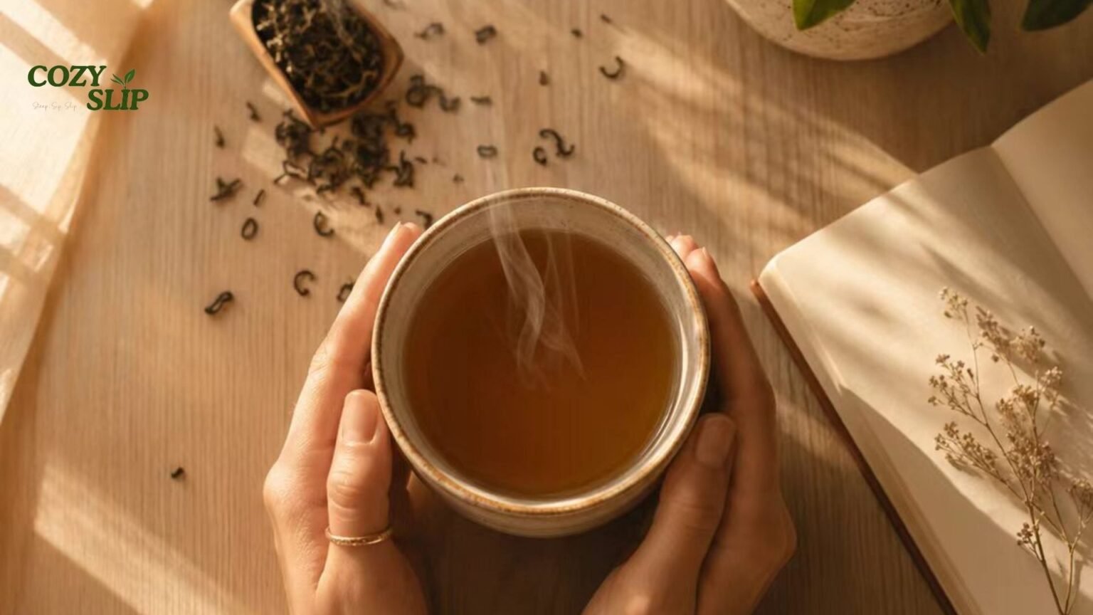 Morning tea ritual. Hands holding a warm ceramic tea cup in soft morning sunlight, gentle steam rising, wooden table with scattered tea leaves and notebook nearby. CozySlip premium mood tea morning ritual guide.