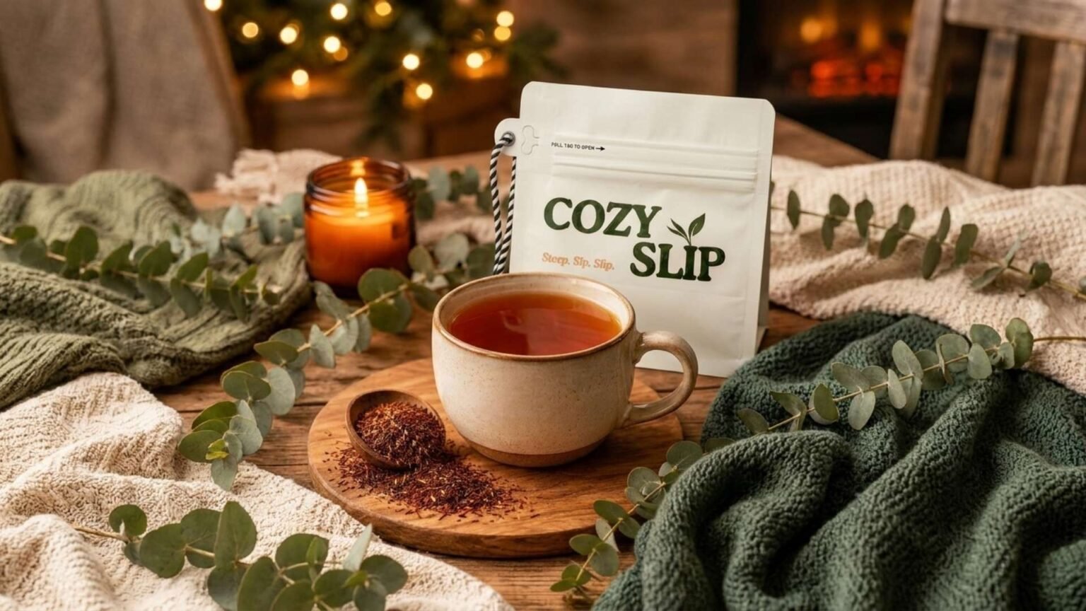 CozySlip Eucalyptus Rooibos evening tea - best caffeine-free sleep tea for night time wind down ritual