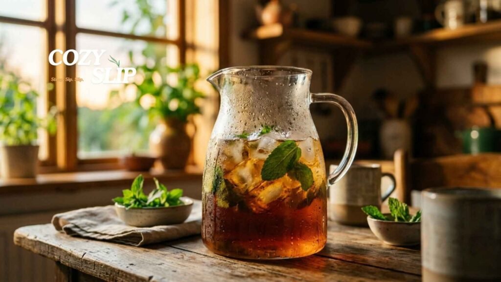 Cold brew tea in glass pitcher with peach slices and mint, homemade iced tea recipe for summer