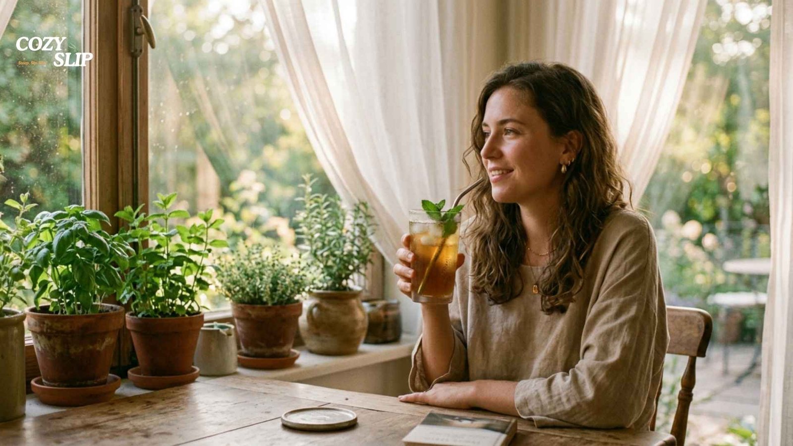 Enjoying cold brew tea on lazy summer morning near sunlit window with sheer curtains