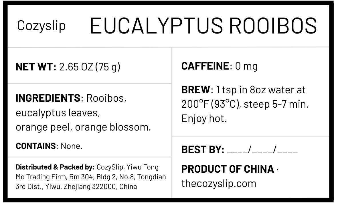 Cozyslip Eucalyptus Rooibos product label showing ingredients, brewing directions, net weight, and caffeine information.