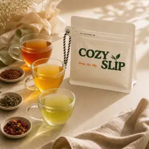 Cozyslip tea pouch with three cups of tea and loose tea ingredients in a warm starter set scene.