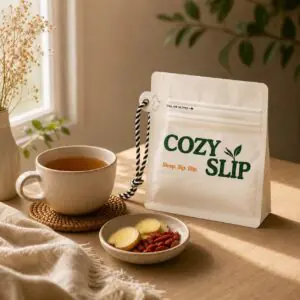Cozyslip tea pouch beside a warm cup of tea with ginger slices and goji berries in morning light.