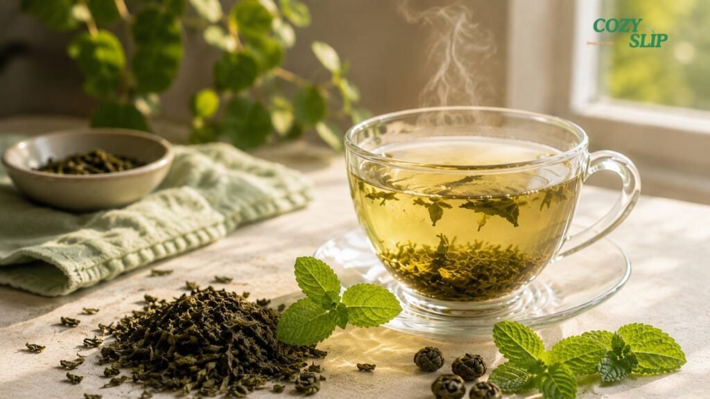 Cozyslip Mint Green Tea for a green tea caffeine l-theanine guide with fresh mint leaves and a light green tea cup.