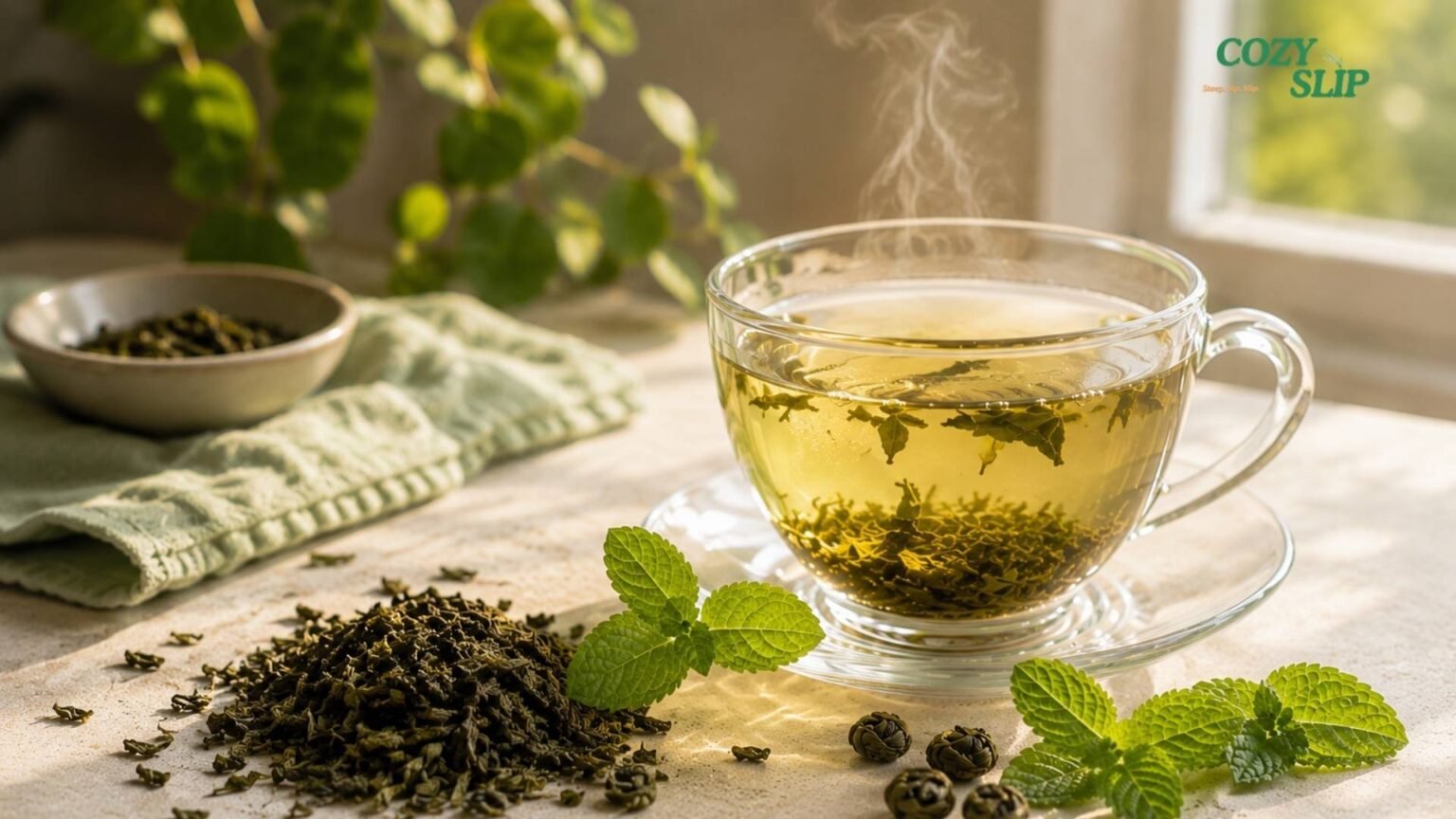 Cozyslip Mint Green Tea for a green tea caffeine l-theanine guide with fresh mint leaves and a light green tea cup.