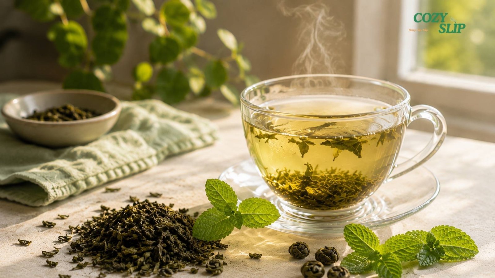 Cozyslip Mint Green Tea for a green tea caffeine l-theanine guide with fresh mint leaves and a light green tea cup.