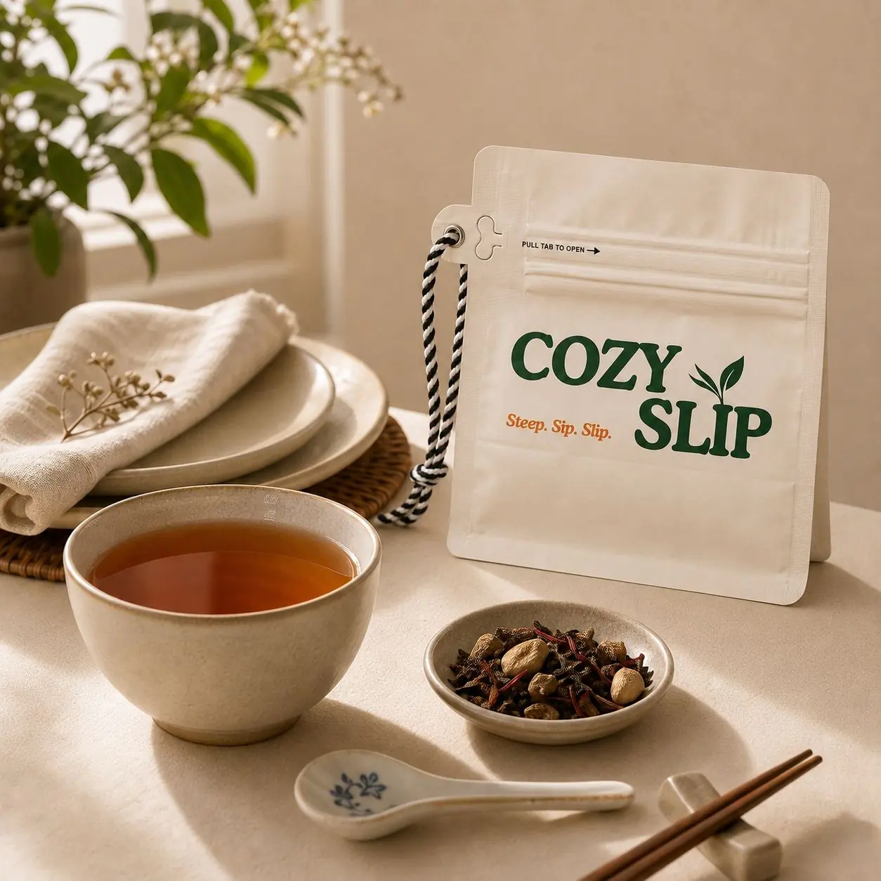 Cozyslip tea pouch beside a warm cup of tea and herbal ingredients in a calm post-meal table setting.