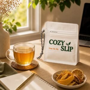 Cozyslip tea pouch beside a glass cup of fruit tea, dried fruit, notebook, and laptop on a sunny desk