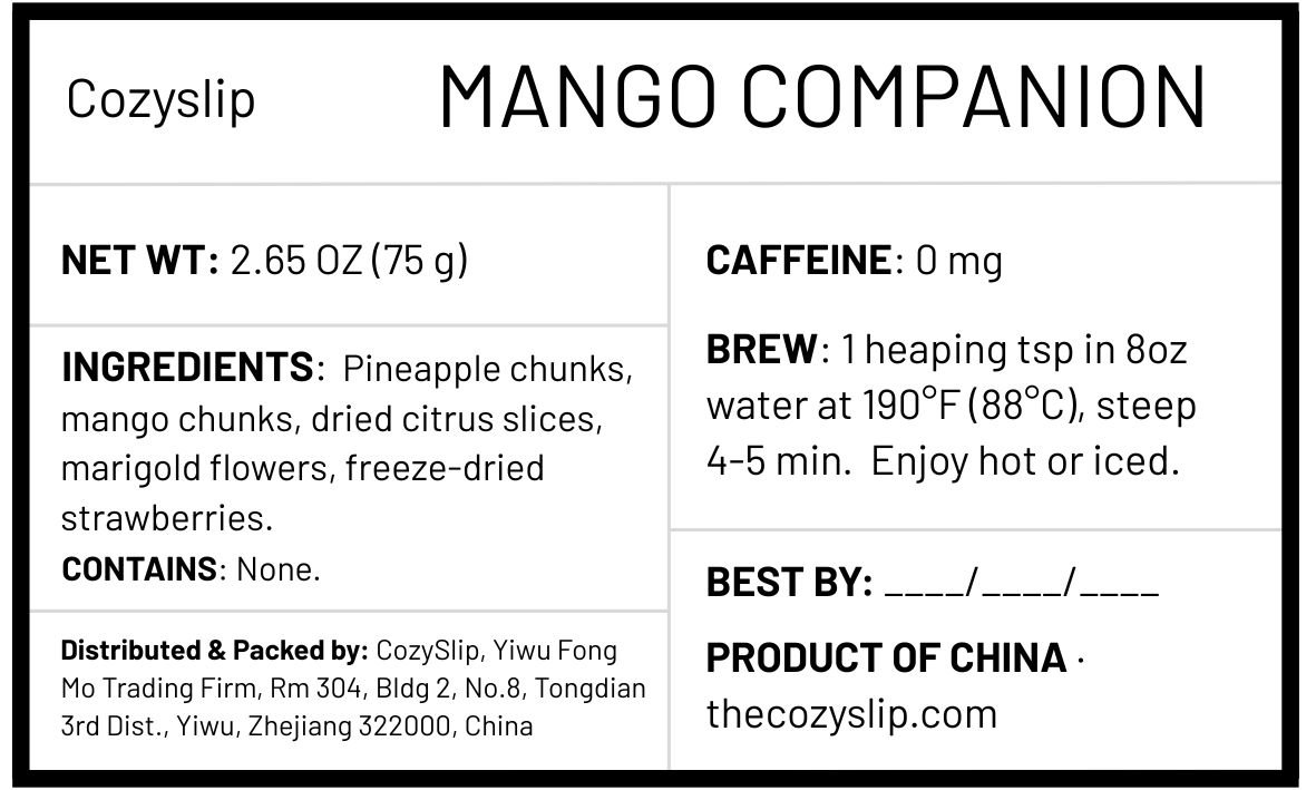 Cozyslip Mango Companion fruit tea product label showing ingredients, brewing directions, net weight, and caffeine information.