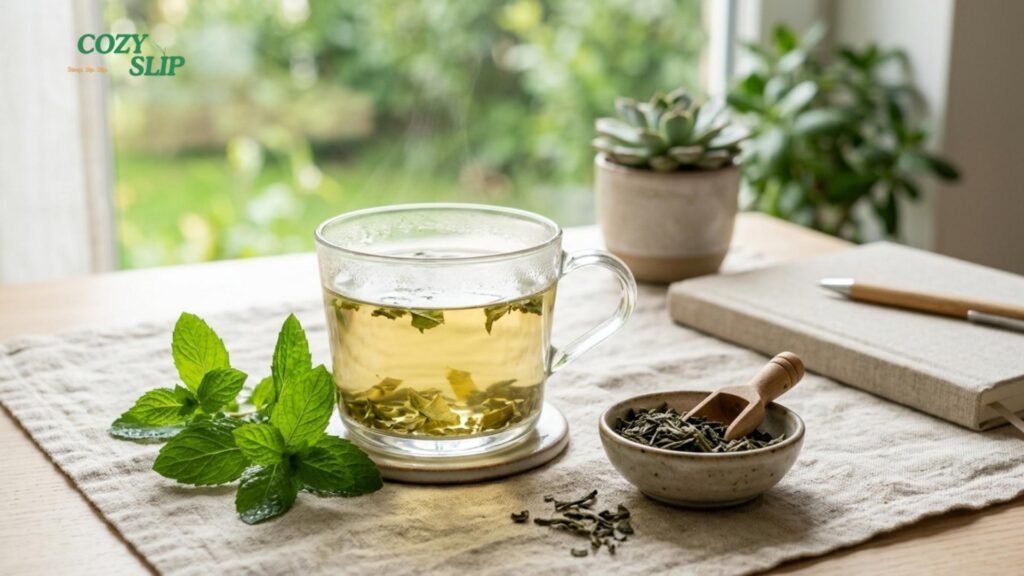 mint green tea for beginners . Cup of Cozyslip mint green tea with loose tea leaves and fresh mint in soft morning light.