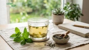 mint green tea for beginners . Cup of Cozyslip mint green tea with loose tea leaves and fresh mint in soft morning light.