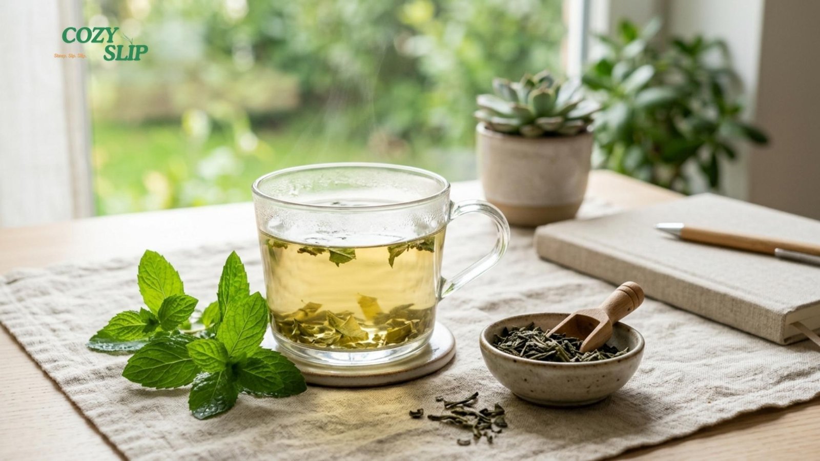 mint green tea for beginners . Cup of Cozyslip mint green tea with loose tea leaves and fresh mint in soft morning light.